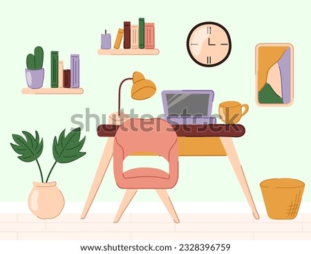 Workplace with laptop on the table, table lamp, books, cup, cactus and computer chair. Vector flat illustration of the home office. Freelance or studying concept. Doodle illustration of interior.