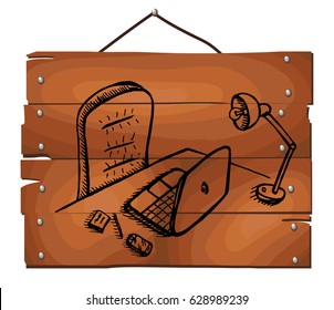 Workplace with laptop  on wooden plank background. Free hand drawn. Vector illustration. 