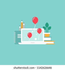 workplace with laptop screen, pen, pencil books and air balloons. workplace isolated on blue background. freelancer, designer, writer job. Vector flat illustration. Creative work or study.