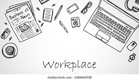 Workplace with laptop, smartphone, newspapers and articles, cup of coffee, notebook, pen with pencil, headphones. Hand drawn doodle illustration.