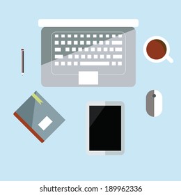 Workplace with laptop ,tablet devices and documents. Flat style 