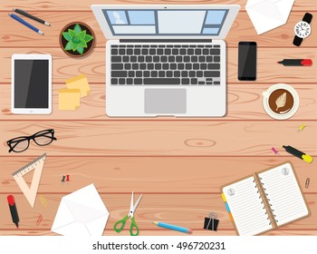 Workplace with a laptop, tablet, notebook, glasses, stationery, cup of coffee and cactus on the wood table. Vector workspace top view. 