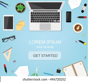 Workplace with a laptop, tablet, notebook, glasses, stationery, cup of coffee and cactus on the blue table. Vector workspace top view. 