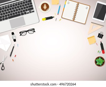 Workplace with a laptop, tablet, notebook, glasses, stationery, cup of coffee and cactus on the table. Vector workspace top view. 