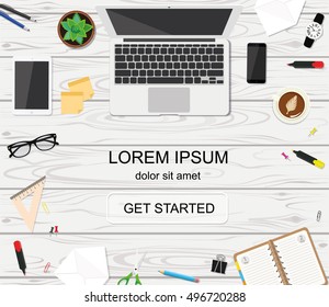 Workplace with a laptop, tablet, notebook, glasses, stationery, cup of coffee and cactus on the wood table. Vector workspace top view. 