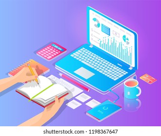 Workplace with laptop and useful stuff on desktop vector banner. Hands writing in notebook, diagram and chart on gadget screen, pencil and calculator