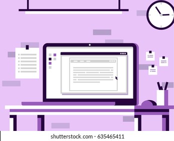Workplace laptop vector illustration. Cool office desk concept flat object set