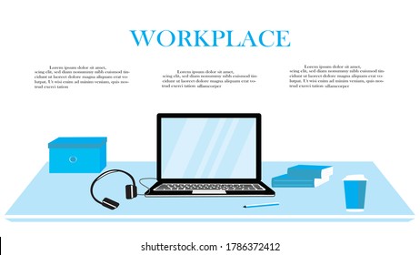 Lugar de trabajo con portátil, ilustración vectorial, diseño plano, trabajo a través de Internet, concepto de trabajo remoto, diseño de página web.