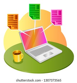 Workplace with laptop - vector illustration on white background. A composition with a desk, cup of coffee, infographic text file on computer screen - Vector