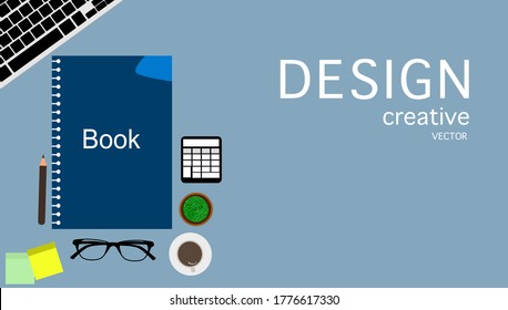 Workplace learning online website.top view flat lay book , cup coffee, pencil.