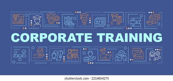 Banner azul oscuro de conceptos de palabra de aprendizaje en el lugar de trabajo. Estudiante empleado. Infografía con iconos editables en el fondo del color. Tipografía aislada. Ilustración vectorial con texto. Fuente Arial-Black utilizada