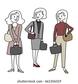 Concepto de vida en el lugar de trabajo con una dama de oficina como colegas sonriendo y hablando entre ellos, mujeres lindas de pie y llevando bolsas de ordenador. Ilustración vectorial con estilo dibujado a mano.