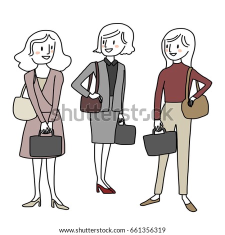 Workplace life concept with set of office lady such as colleagues smiling and talking to each other, cute women standing and carrying laptop bags. Vector illustration with hand-drawn style.