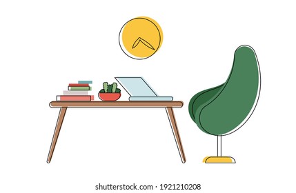 Arbeitsplatz in Line Art gefärbt Stil. Stuhl, Tisch, Laptop, Bücher, Uhr, Haustier. Gut für Design-Anwendungen, Banner, Postkarten oder Präsentationen. Universalkonzept. Vektorgrafik.