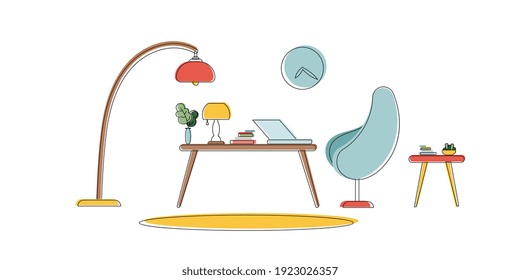 Lugar de trabajo en estilo de arte en línea. Mesa, ordenador portátil, lámpara de pie, moqueta, libros y una planta de la casa. Ilustración vectorial.