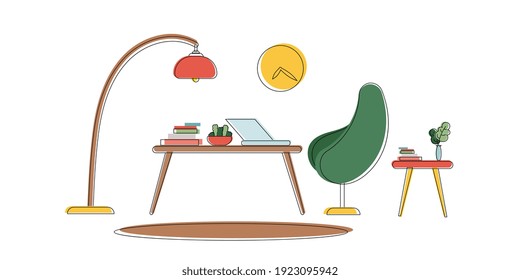 Workplace in line art style. Table, laptop, floor lamp, carpet, books and houseplant. For applications, websites and presentations. Vector illustration.
