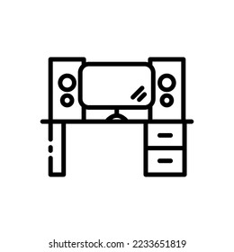 Workplace line icon. Meeting, workflow, tie, job, coffee break, badge, stationery, books, indoor flower, calendar, files. Work and leisure concept. Vector line icon on white background