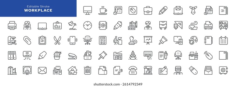 Workplace line icon set. Office work, worker, office items, equipment, tools, stationery and more. Outline vector icon in linear style. Pictogram collection	
