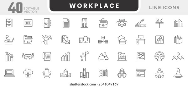 Workplace line icon set. Teamwork, human resources, meeting, partnership, meeting, work group, success, teaching, classroom, interview, discussion, forum line icon set. UI thin line icon pack.