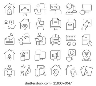 Colección de iconos de línea de lugar de trabajo. Paquete de iconos de contorno delgado. Ilustración vectorial eps10