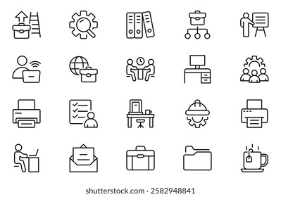 Workplace line web icons set. Employ, conference, project, document, business, work, support, contact us, productivity strategy, collection.
