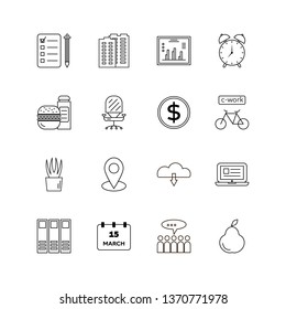 Workplace linear icons set. Office and bureau utensils illustrations pack. Modern thin outline working space and job symbols. Tasking, location, diagram signs. Isolated contour vector items