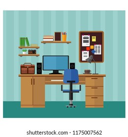 Workplace, living room with table, computer and books. Vector set.