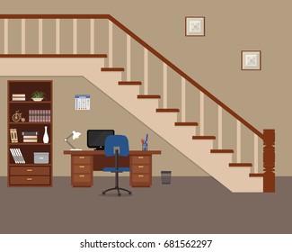 Arbeitsplatz unter der Treppe. Es gibt einen Schreibtisch, einen Schrank für Dokumente, einen Stuhl, einen Computer, eine Lampe und andere Objekte auf dem Bild. Vektorflache Illustration.
