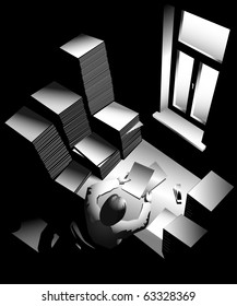 workplace, man between mountains of paper sheets