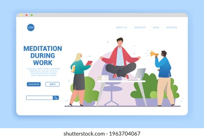 Workplace meditation abstract concept in office with office manager meditating at workplace under time pressure. Flat cartoon vector illustration. Website, web page, landing page template