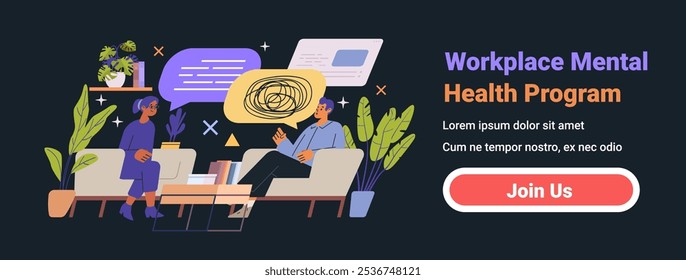 Workplace mental health program discussion scene. Two people converse on a couch with speech bubbles and plants on a dark background. Website banner design