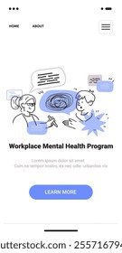Workplace mental health program discussion doodle style. Two people converse with speech bubbles and abstract shapes in a minimalist mobile app screen