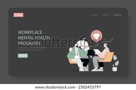 Workplace mental health support concept. Three men discussing well-being with a heart rate graph. Corporate wellness program vector illustration.