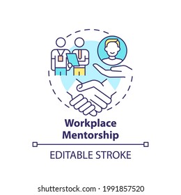 Workplace mentorship concept icon. Worker adaptation stages. Knowledge exchange idea thin line illustration. Training partnership of workers. Vector isolated outline RGB color drawing. Editable stroke