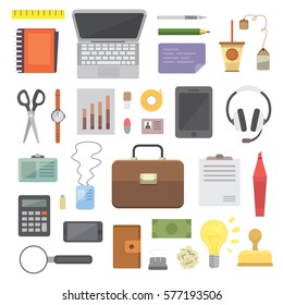Workplace with mobile devices and documents. Office personal and Business Icons vector set. work table with gadget laptop flat illustration