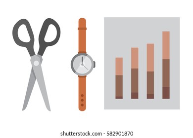 Workplace with mobile devices and documents. Office personal and Business Icons vector set. work table with gadget laptop flat illustration