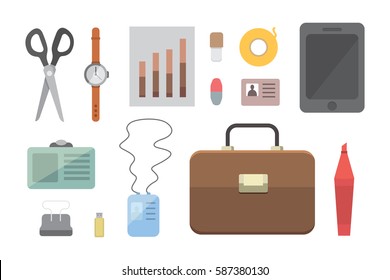Workplace with mobile devices and documents. Office personal and Business Icons vector set. work table with gadget laptop flat illustration