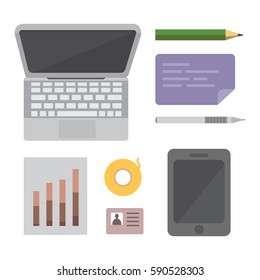 Workplace with mobile devices and documents. Office personal and Business Icons vector set. work table with gadget laptop flat illustration