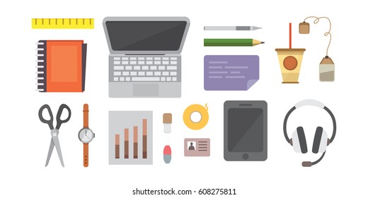 Workplace with mobile devices and documents. Office personal and Business Icons vector set. work table with gadget laptop flat illustration