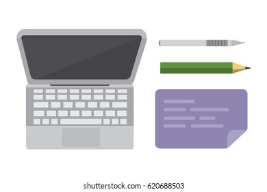 Workplace with mobile devices and documents. Office personal and Business Icons vector set. work table with gadget laptop flat illustration
