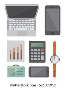 Workplace with mobile devices and documents. Office personal and Business Icons vector set. work table with gadget laptop flat illustration