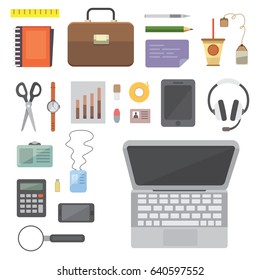 Workplace with mobile devices and documents. Office personal and Business Icons vector set. work table with gadget laptop flat illustration