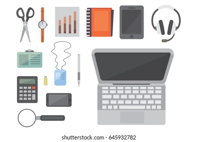 Workplace with mobile devices and documents. Office personal and Business Icons vector set. work table with gadget laptop flat illustration