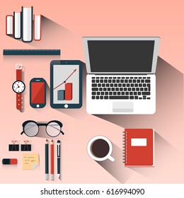 Workplace with Mobile Devices Documents Pencils Coffee Eraser Notebook and Watches. Flat Style With Long Shadow. Vector Illustration