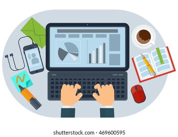 Workplace modern businessman. Elements for sites, advertising brochures, flayers, posters and info graphics. Cartoon flat vector illustration. Objects isolated on a white background.