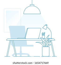  Lugar de trabajo. Interior de oficina moderno y confortable. Concepto de búsqueda de empleados. Estamos contratando. Ilustración en estilo de arte en línea. Vector