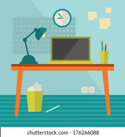 Workplace with modern computer on retro table. Vector illustration.