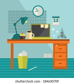 Workplace with modern computer on retro table and cool spaceship. Vector illustration. 