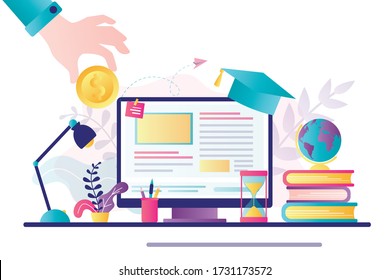 Workplace with modern computer and stacks of books. Hand holding gold coin. Investing in education. Knowledge,online courses. Investment banner, student loans, scholarships. Trendy vector illustration