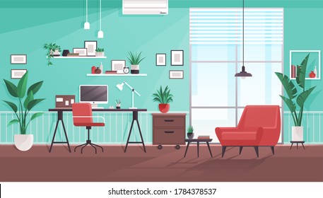 Workplace modern design. Office studio, cabinet or home workspace interior with aquamarine wall. Office at home with big window, desktop, PC computer, documets, plants, furnitures. Flat style